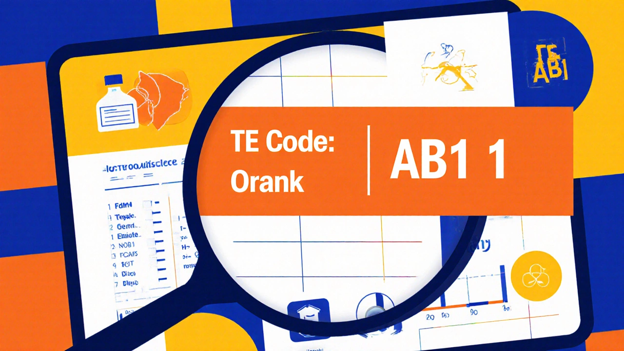 Abstract digital screen displaying FDA Orange Book TE Code AB1 in primary colors and grid lines.