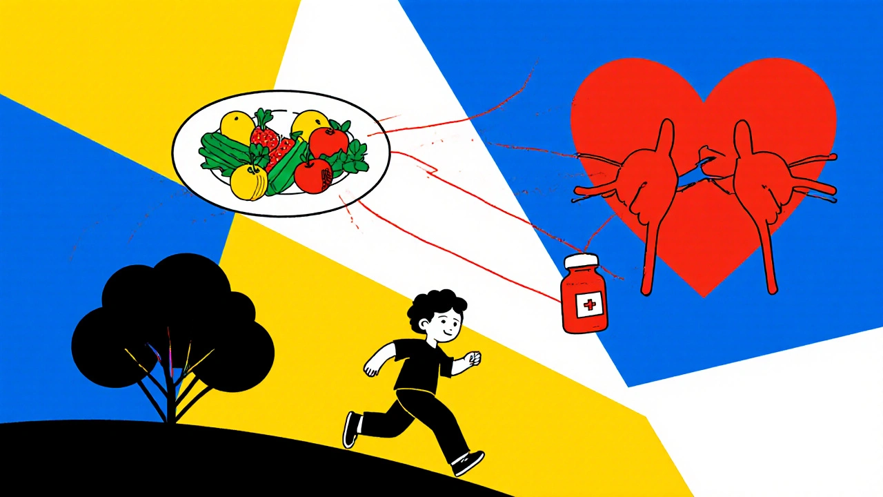 Child running in park with healthy food and medicine bottle connected to heart and kidney in geometric shapes.