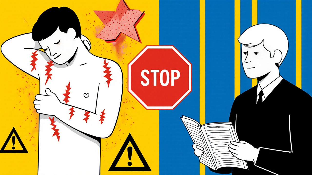 Contrasting scenes of a life-threatening rash versus calm consultation, shown in abstract De Stijl geometry.