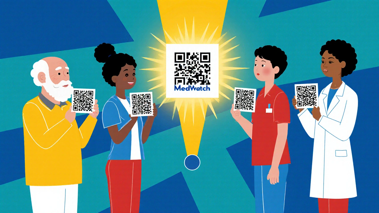 Diverse group scanning QR codes that converge into MedWatch logo on geometric grid
