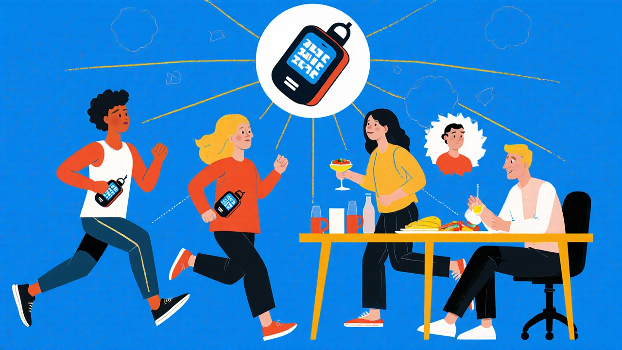 Diverse individuals with insulin pumps in daily activities, connected by data lines to a central glucose monitor icon.