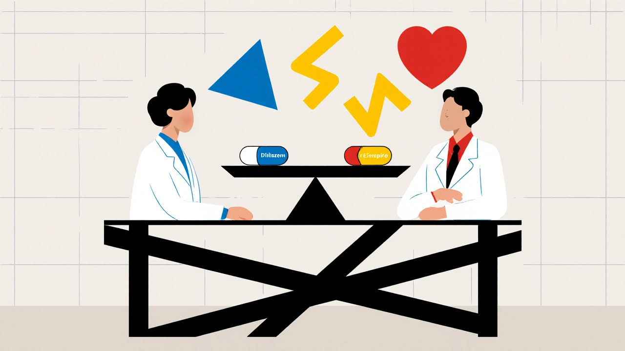 Doctor and patient at a table with floating pills and organ symbols in De Stijl geometric style
