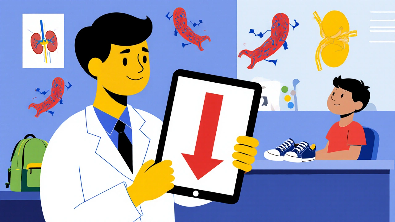 Doctor holding a tablet with a kidney icon and blood vessel shapes in abstract De Stijl style.