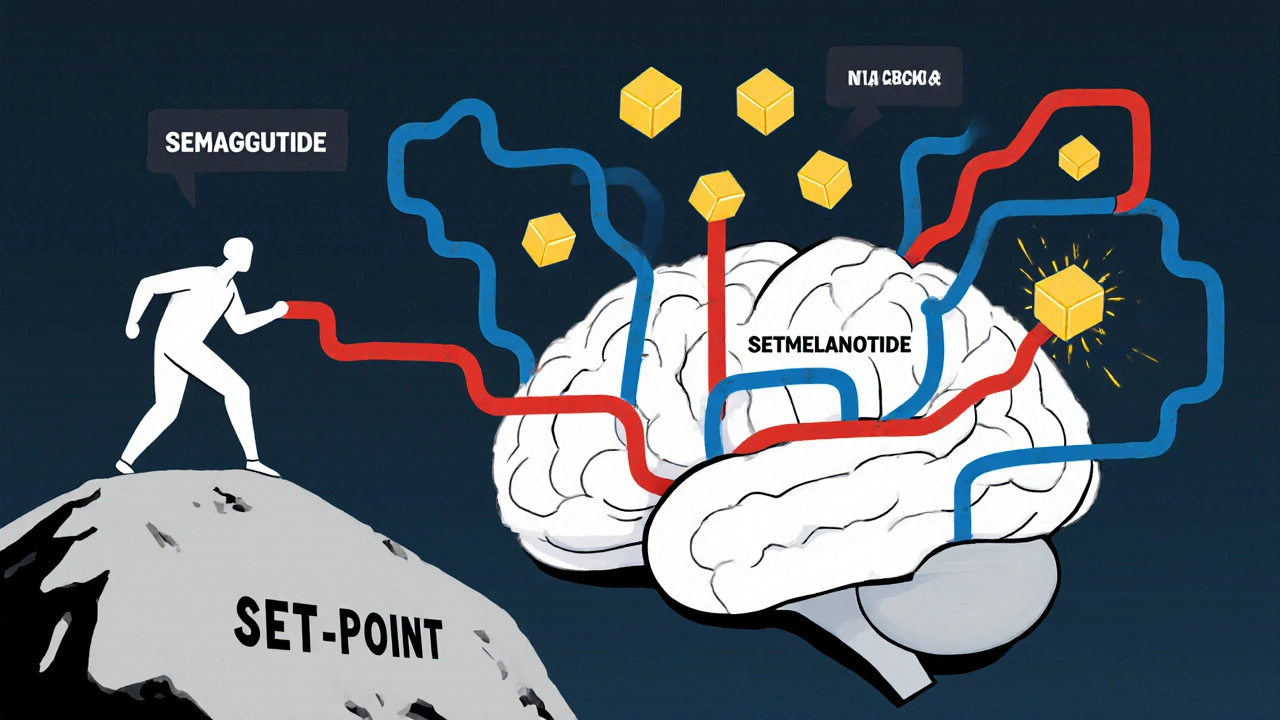 Figure pushing against brain blocking weight loss signals in bold colors
