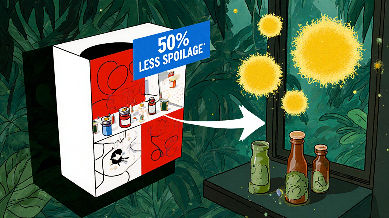 Floating dry cabinet protecting medicines from mold in a humid jungle, shown in De Stijl abstract style.