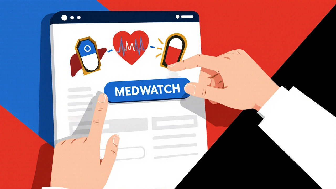 Healthcare provider clicking submit button on MedWatch form with safety shields above