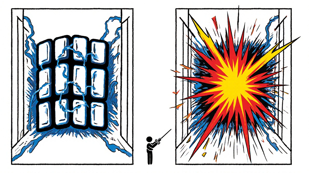Healthy vs. damaged glomerulus in split view, with invasion shown as explosive shards in De Stijl style.