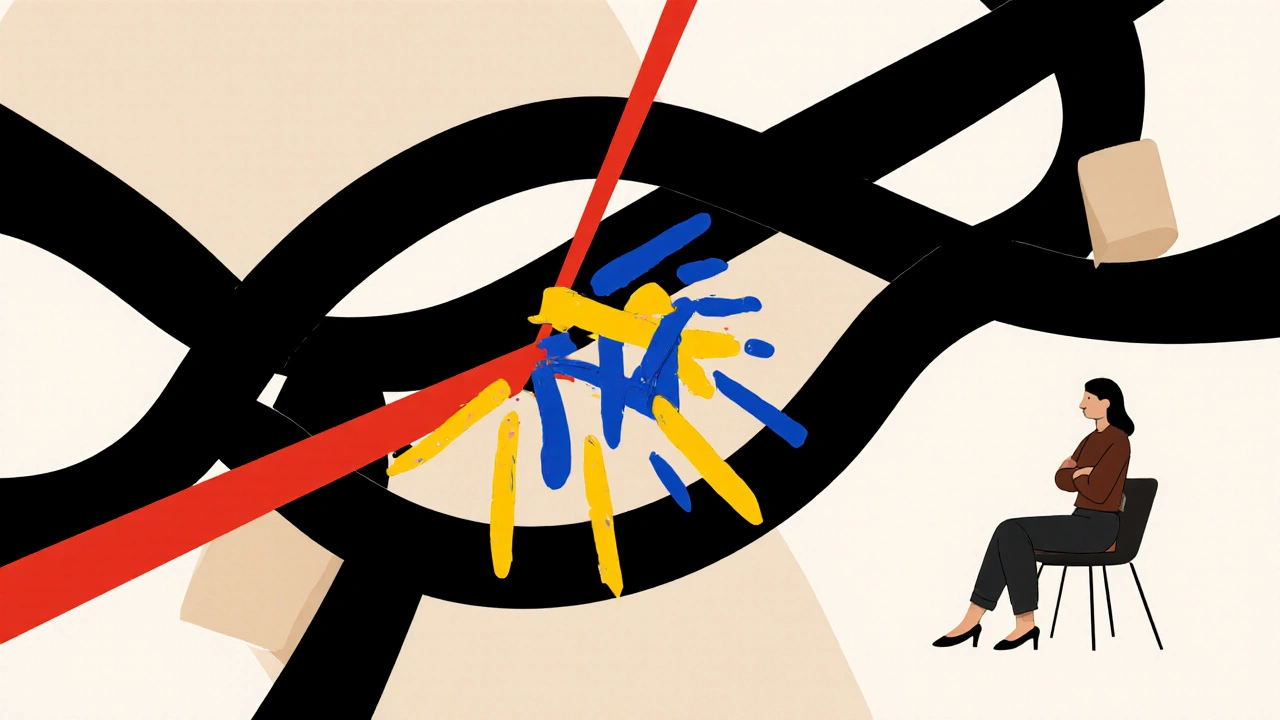 Laser therapy stimulating vaginal tissue with abstract lines and colors, depicted in De Stijl minimalist style.