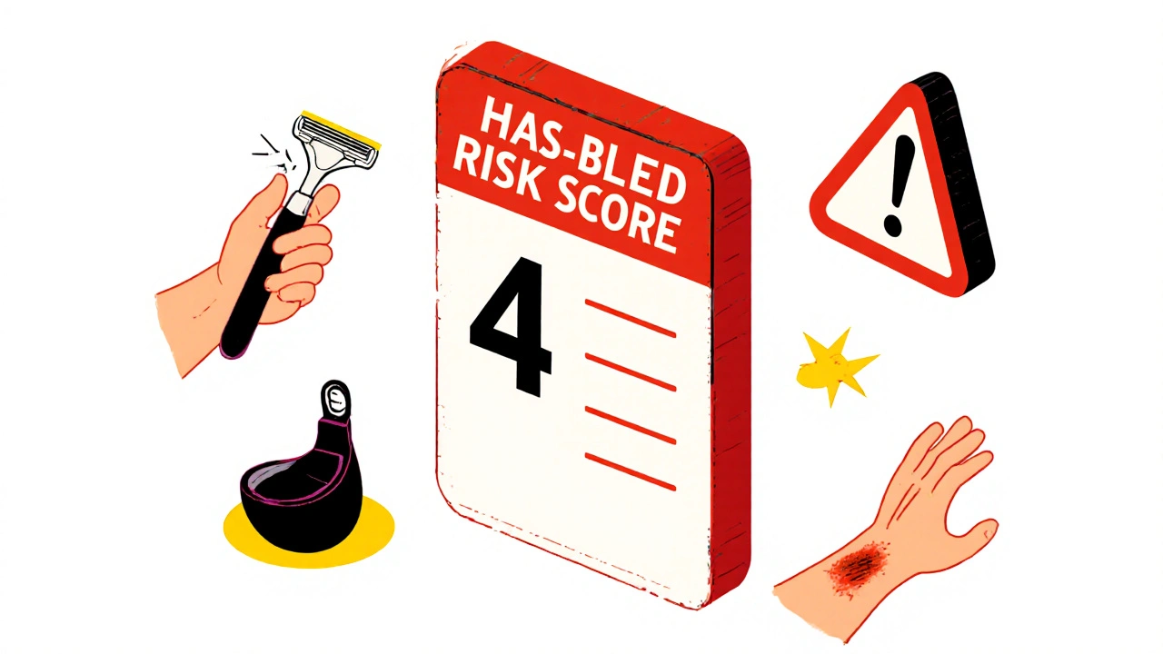Medical risk chart with warning icons in De Stijl style, using red, blue, black, and white shapes.