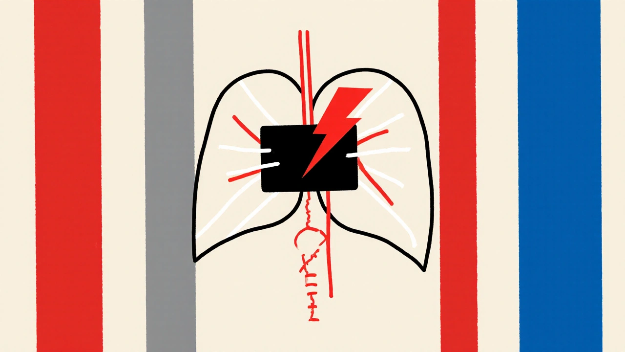 Minimalist ICD device with shock line embedded in chest, De Stijl art style