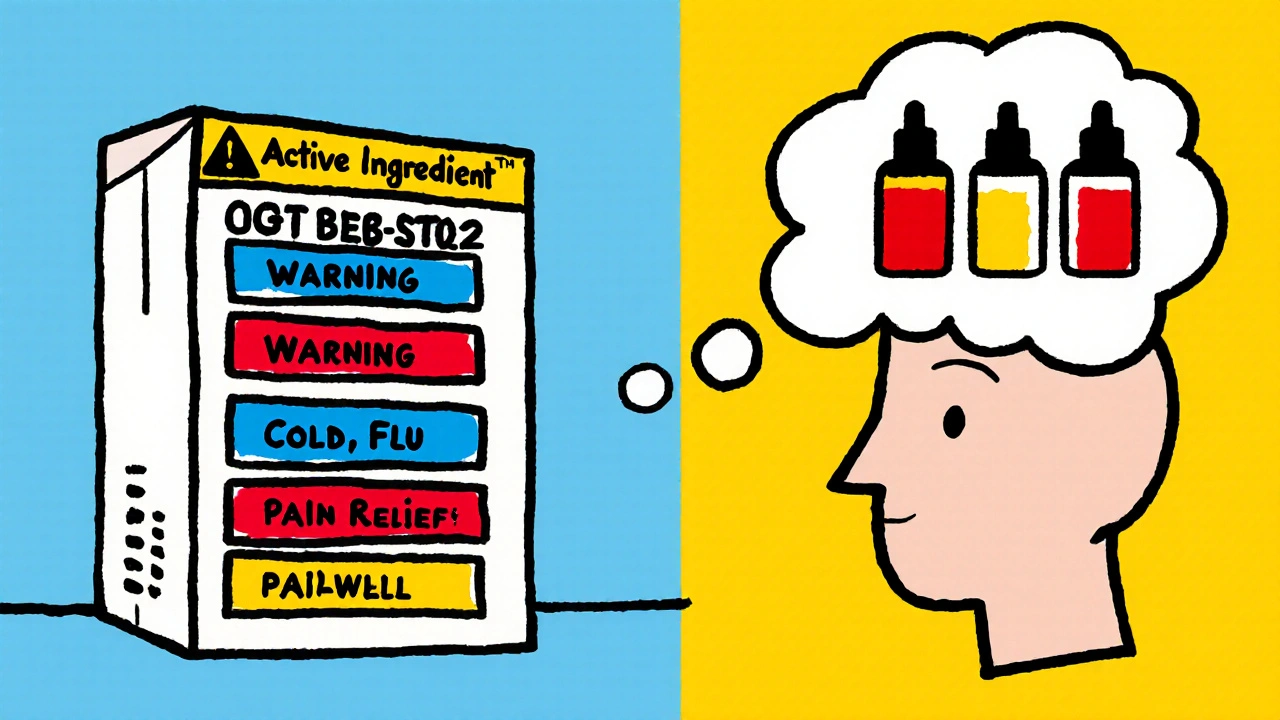 OTC medicine box with seven labeled sections and overlapping drug bottles in bold colors.