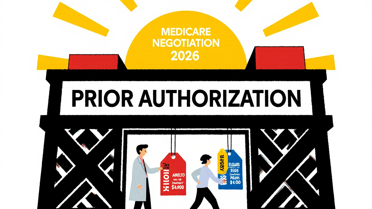 Patient and doctor pushing against bureaucratic prior authorization gate as drug prices fall