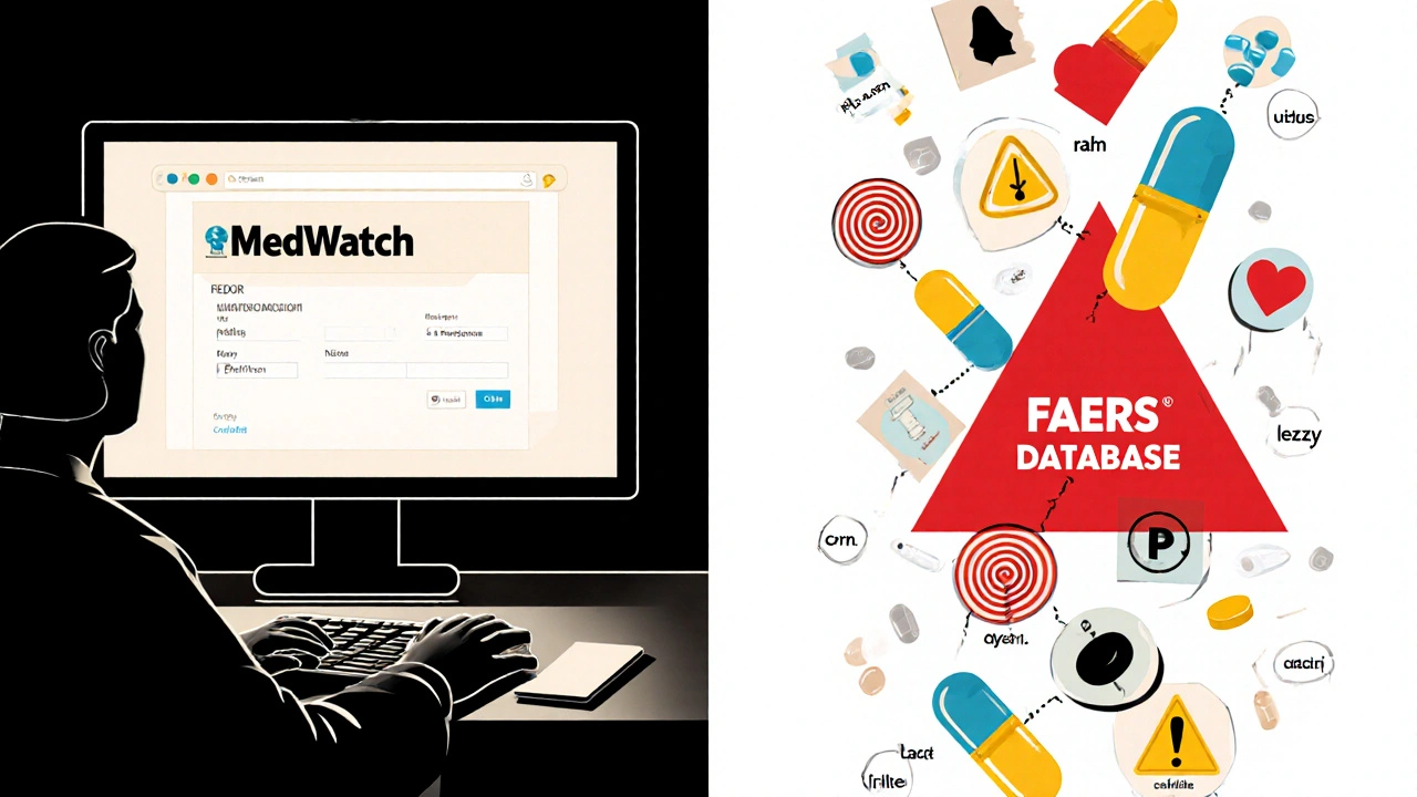 Pharmacist filing an adverse event report with abstract patient symptoms flowing into a database