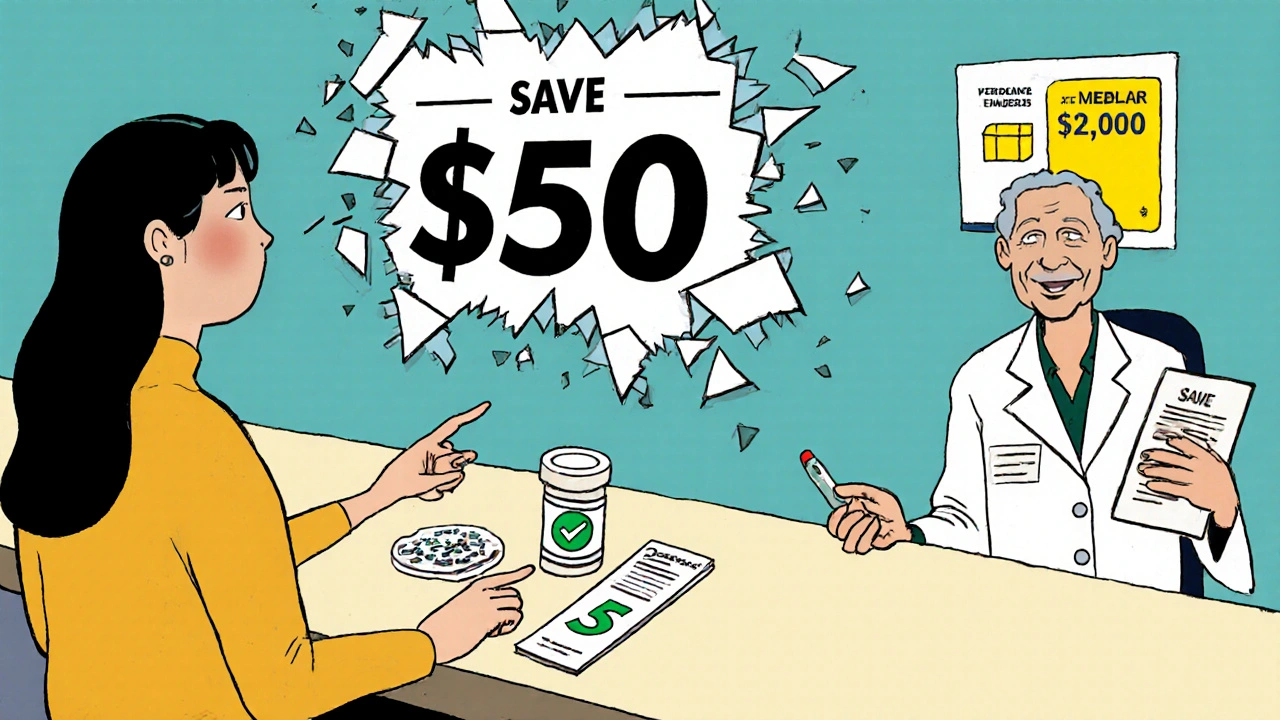 Pharmacist showing patient affordable generic option while a manufacturer coupon breaks apart