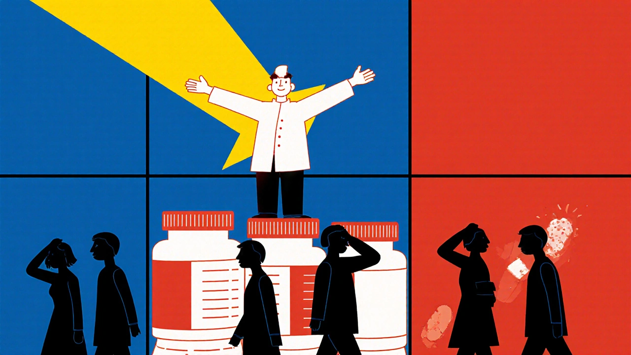 Pharmacist standing tall above pill bottles as patients walk unaware, in De Stijl color blocks