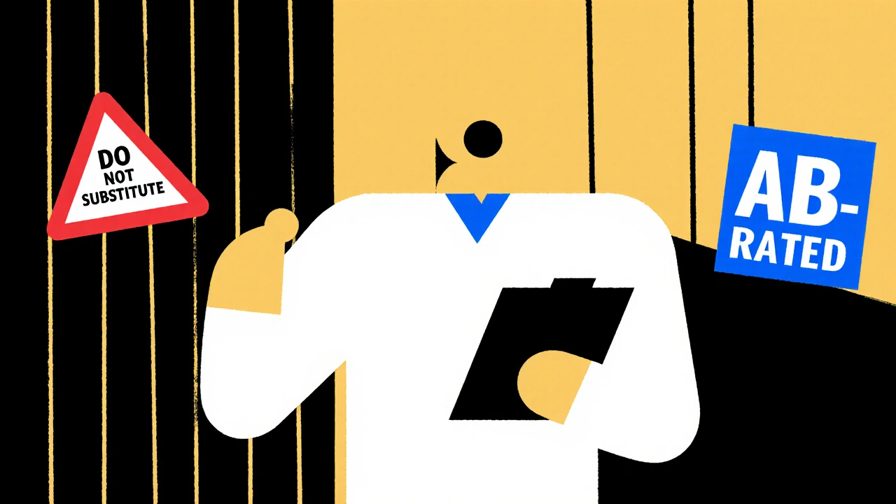 Pharmacist with BX-rated drug and opposing AB and warning symbols in De Stijl geometric design.