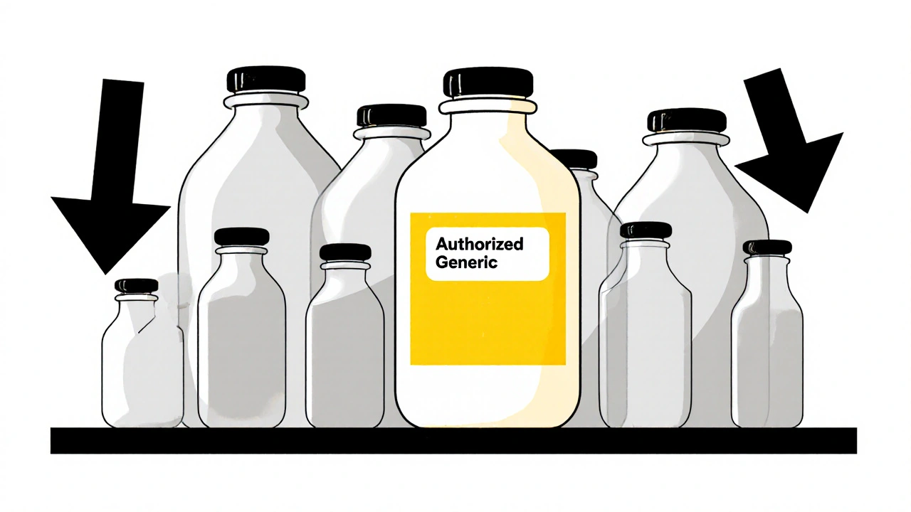 Pharmacy shelf with an authorized generic pill bottle highlighted by a yellow rectangle, surrounded by fading generics.