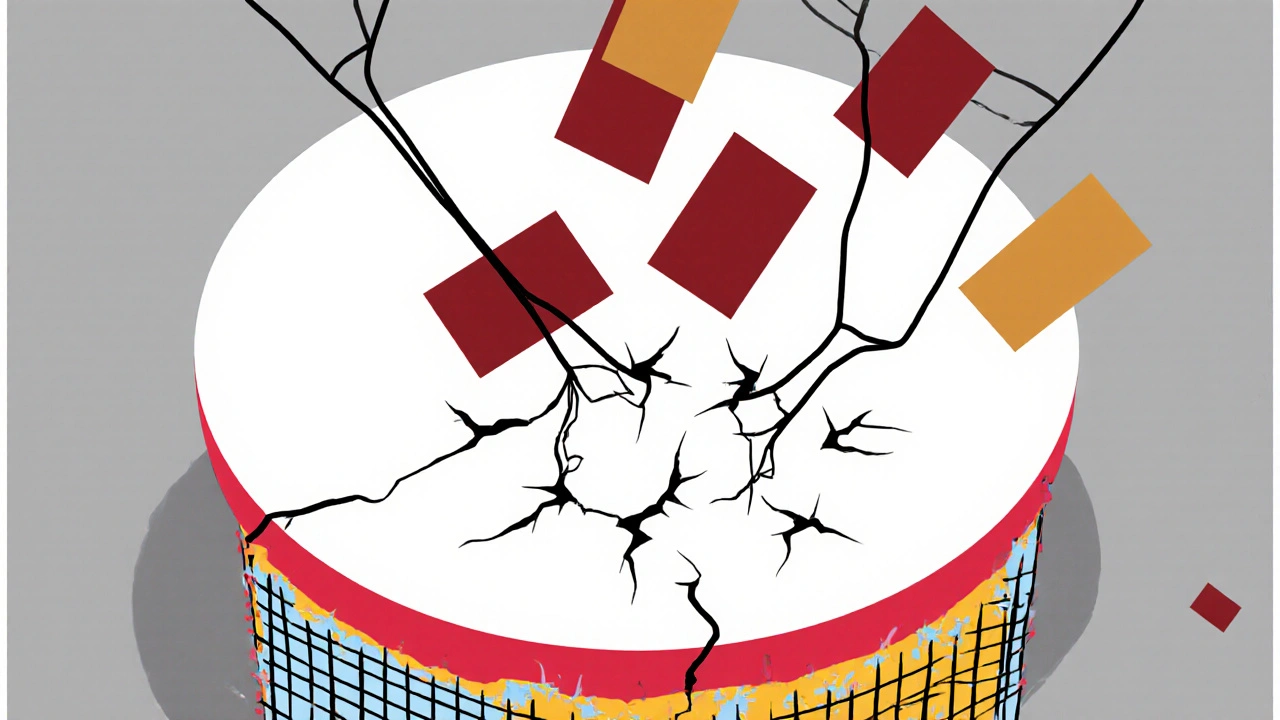 Podocyte foot projections damaged by colored immune complexes on a grid-like membrane.