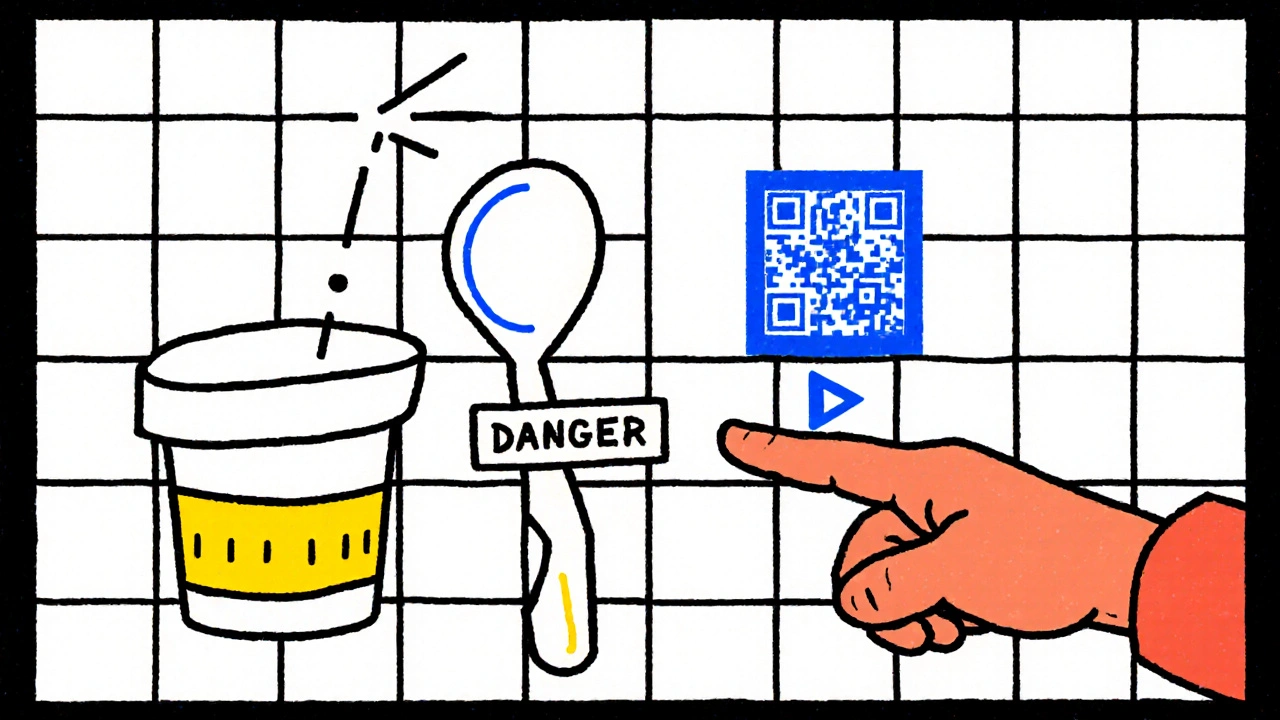Precise medicine cup beside a distorted spoon, with a QR code symbol in primary colors.