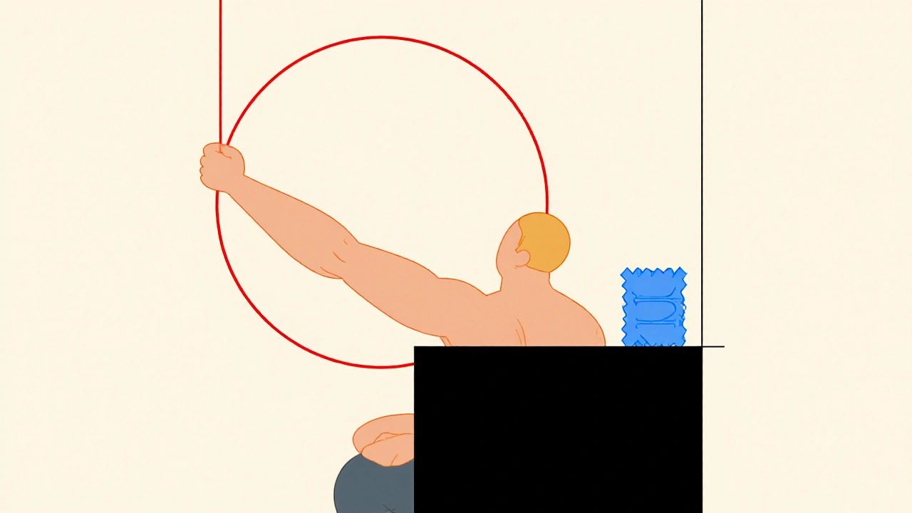 Stylized figure performing pendulum exercise with hanging arm and ice pack.