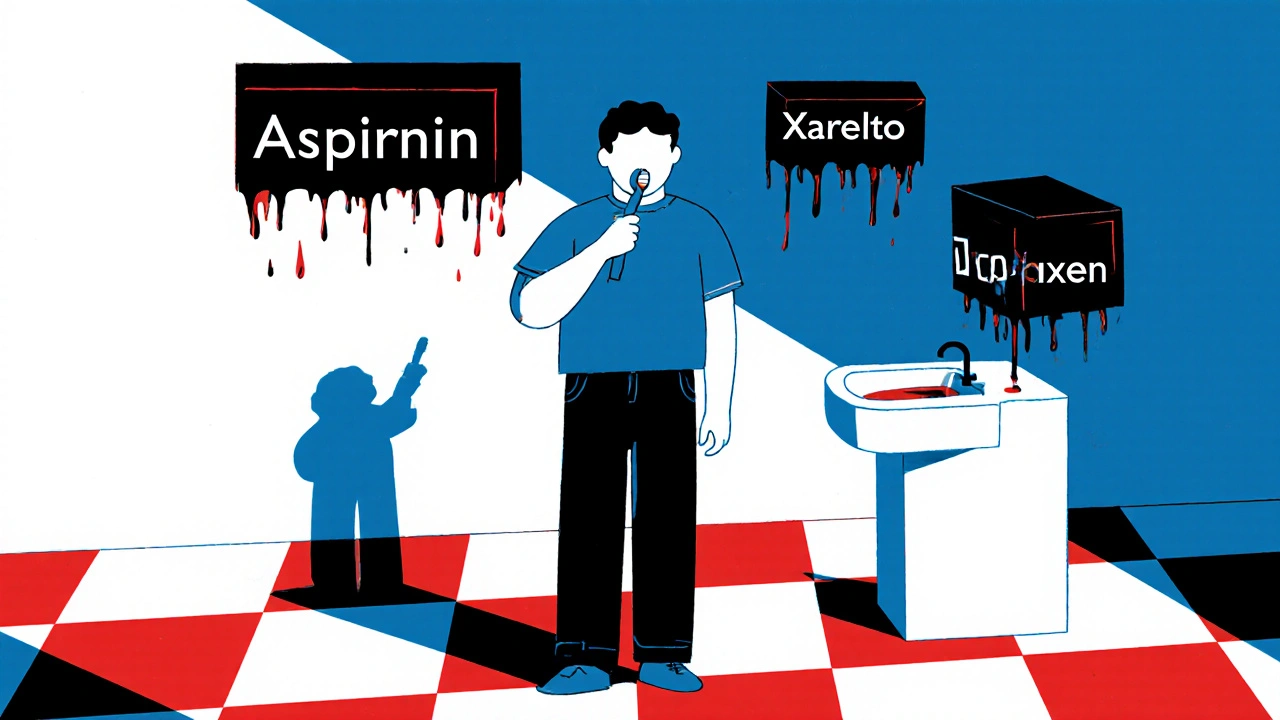 Symbolic bathroom scene with toothbrush bleeding and geometric drug labels in primary colors.