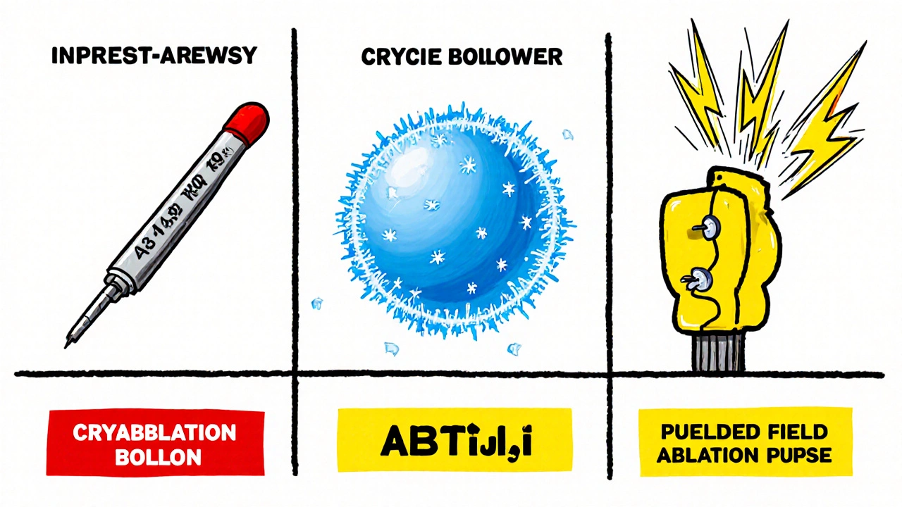 Three ablation technologies compared in bold geometric shapes and primary colors