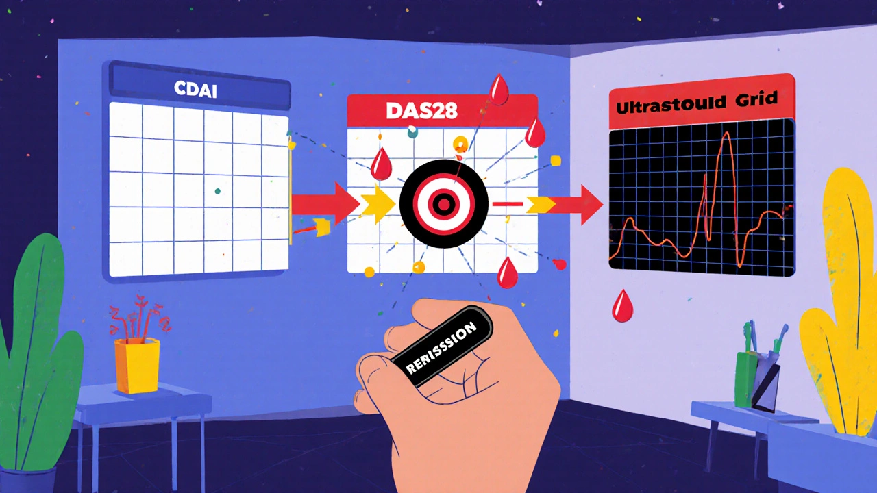 Three monitoring tools on a wall with arrows pointing to a remission target, in De Stijl abstract style.