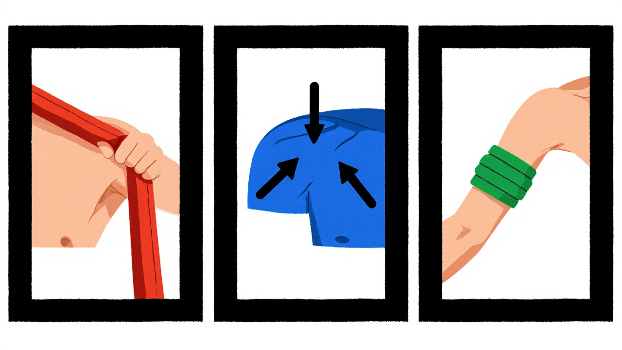Three-panel rehab progression showing resistance band, scapular squeeze, and blood flow restriction.