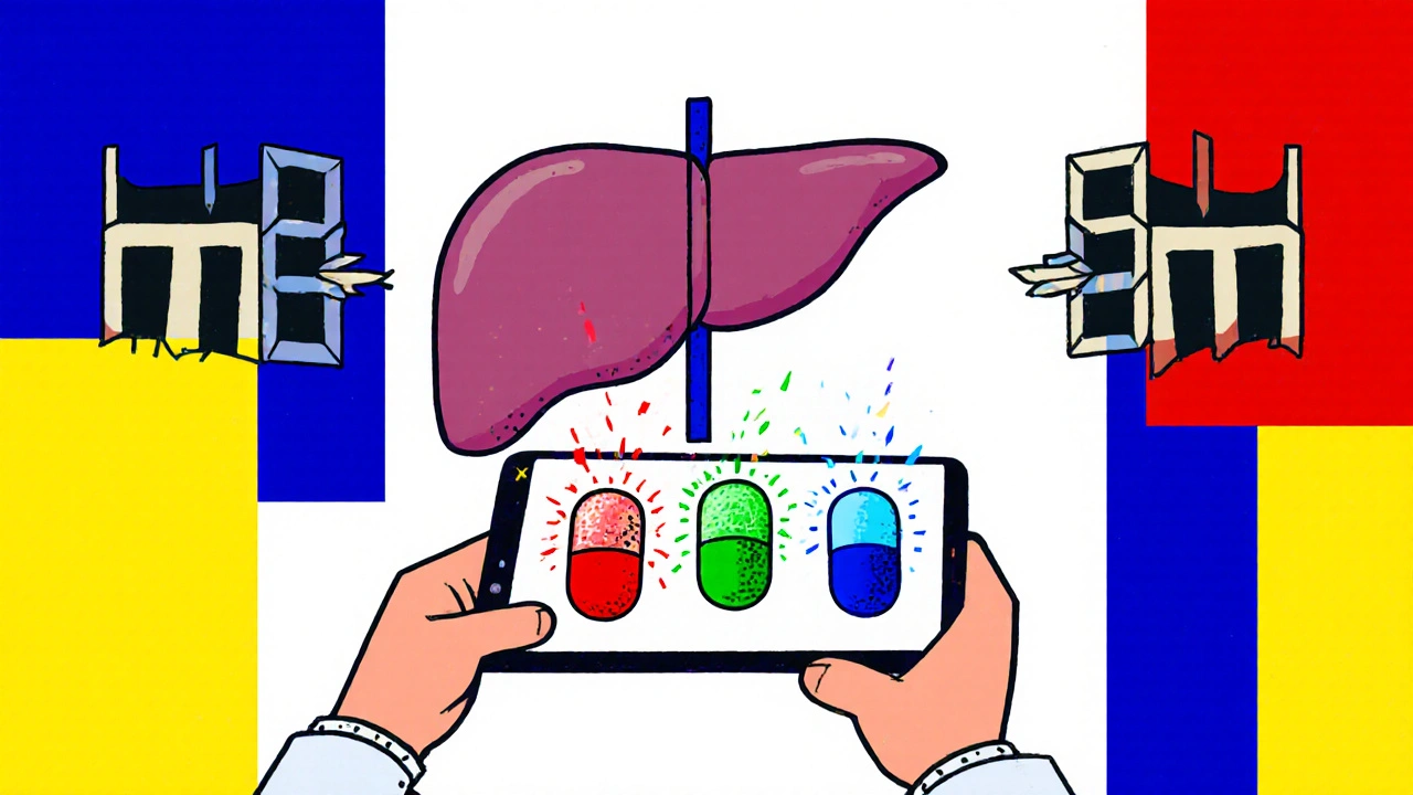 Three pills shown with one shattering, one glowing safely, one floating free beside a stylized liver with locked gates.