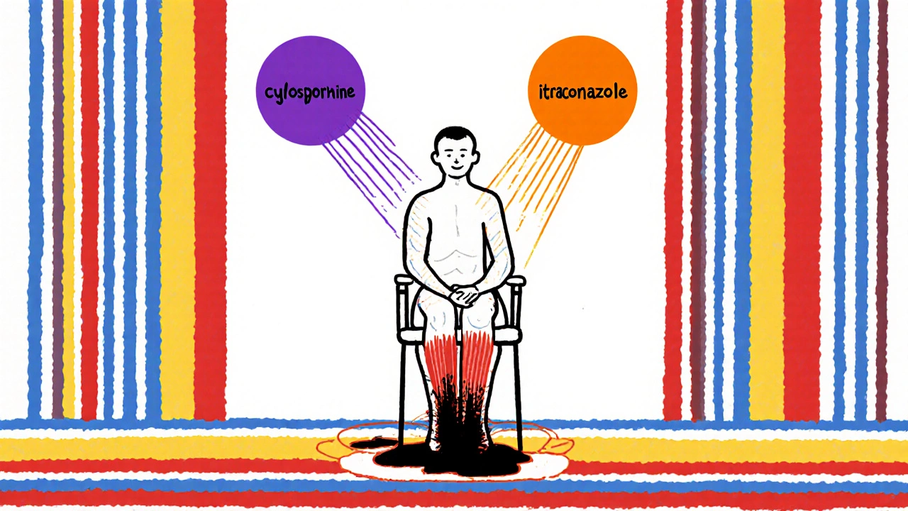 Transplant patient with toxic vortex forming from cyclosporine and antifungal drugs over dissolving muscle fibers.