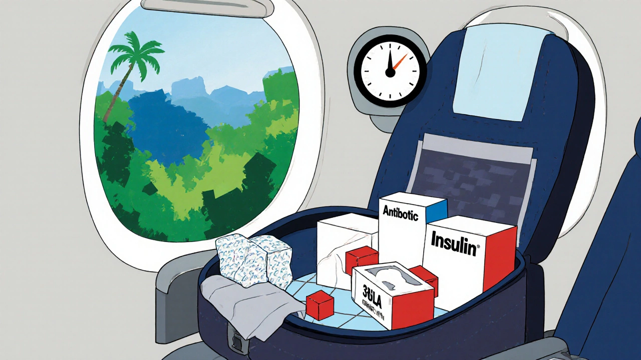 Traveler’s carry-on with sealed medication containers and silica gel packets, set against a stylized tropical landscape.