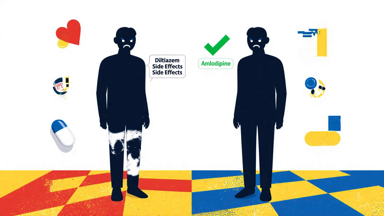 Two patient silhouettes comparing side effects of Diltiazem and Amlodipine in abstract De Stijl design