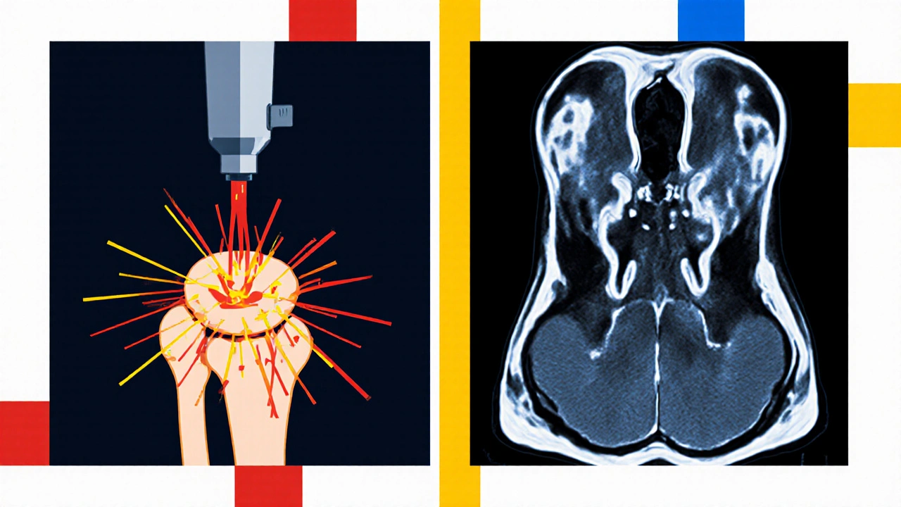 Ultrasound and MRI visuals side by side, showing inflammation as bold colored lines and bone damage as geometric shapes.