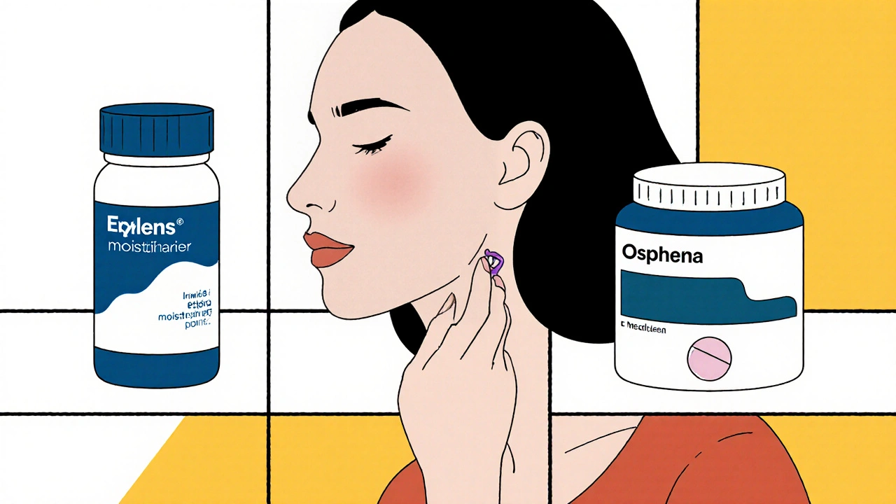 Woman choosing between vaginal ring, moisturizer, and pill in a De Stijl-style composition of flat shapes.