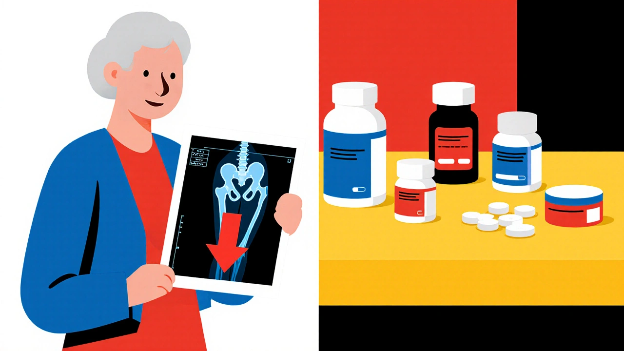 Woman comparing gemfibrozil with statins and calcium supplements in a medical setting