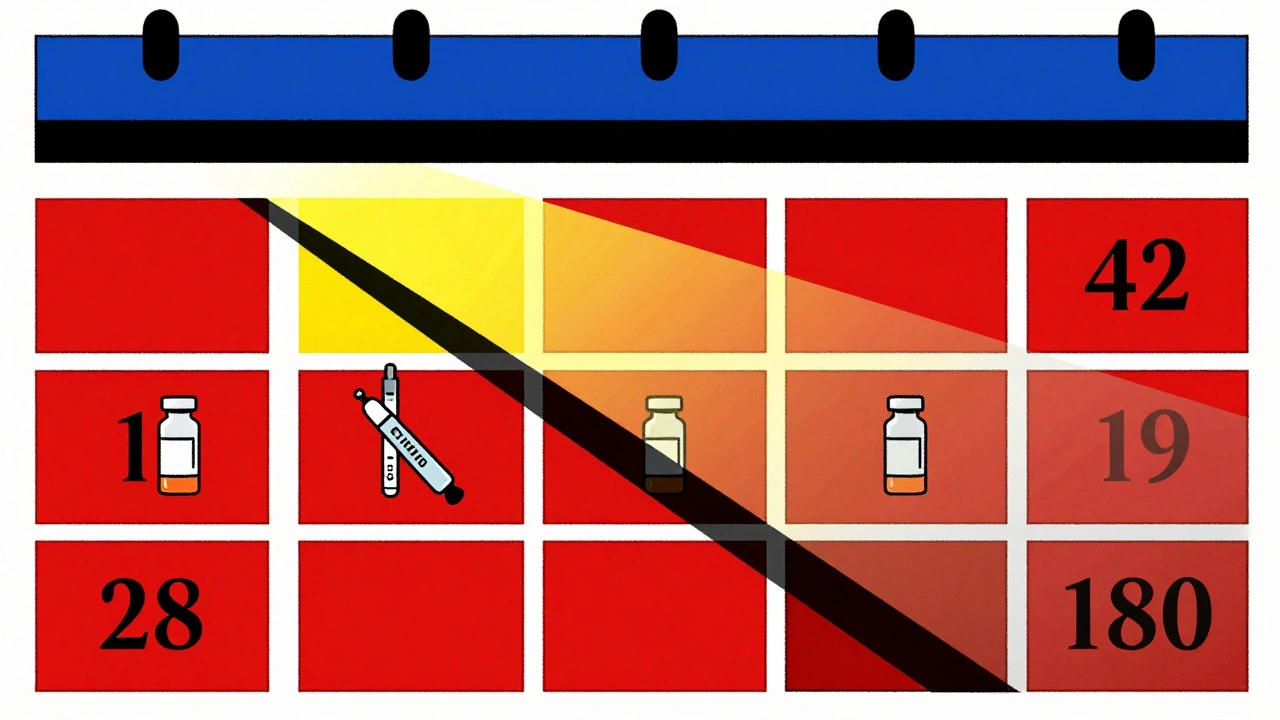A calendar with marked days and fading medication icons in primary colors against a black grid.