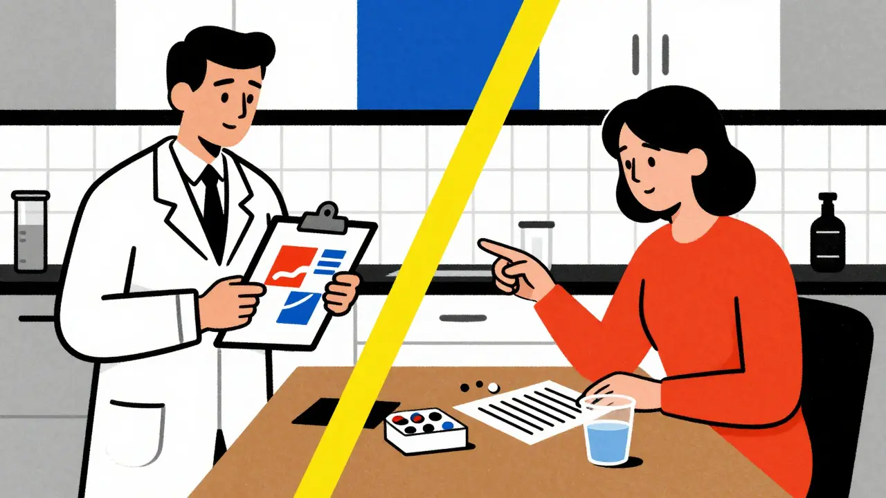A doctor and pharmacist beside a woman at a table, with abstract blocks showing conflicting prescriptions.