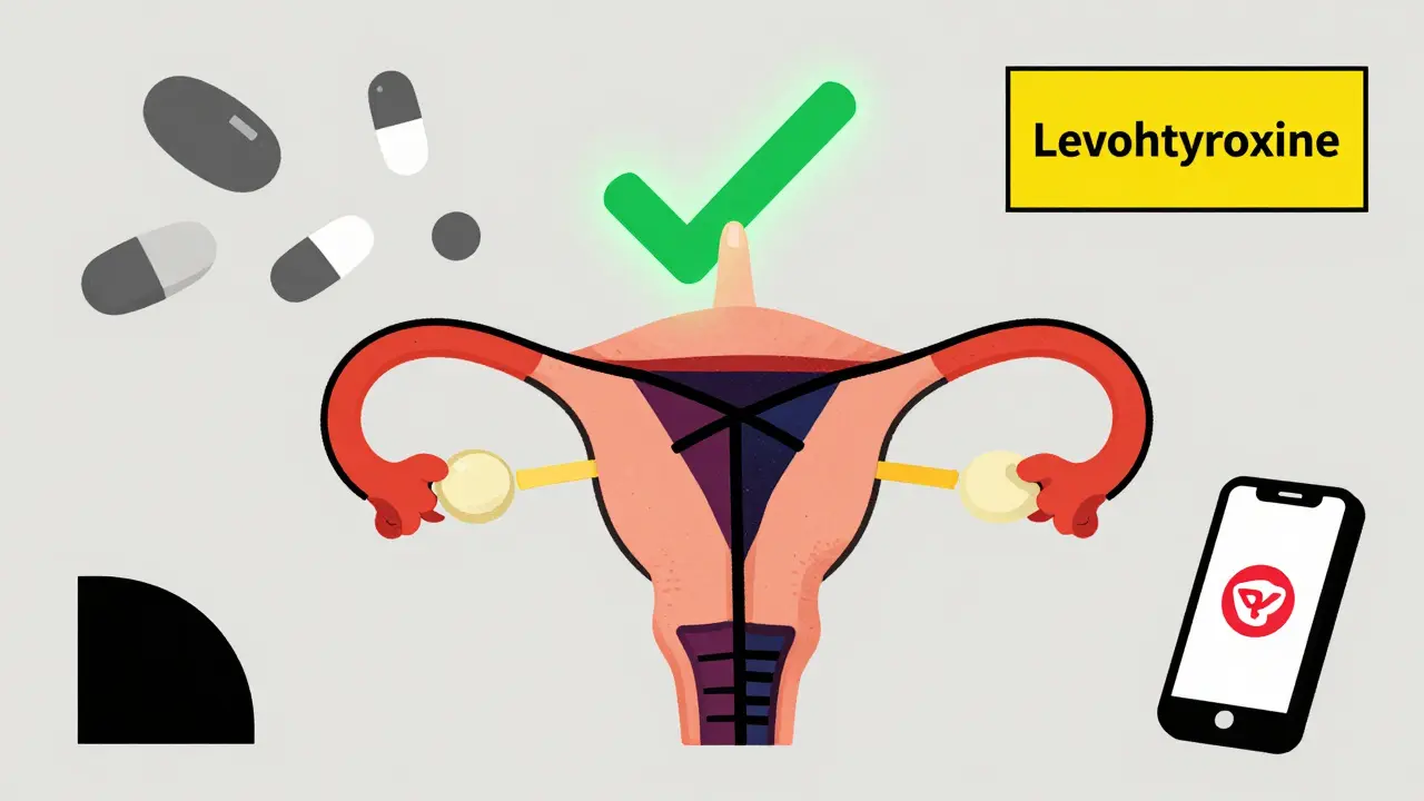 A hand reaching from a geometric womb toward a green checkmark, with dissolving pills around it in De Stijl abstract style.