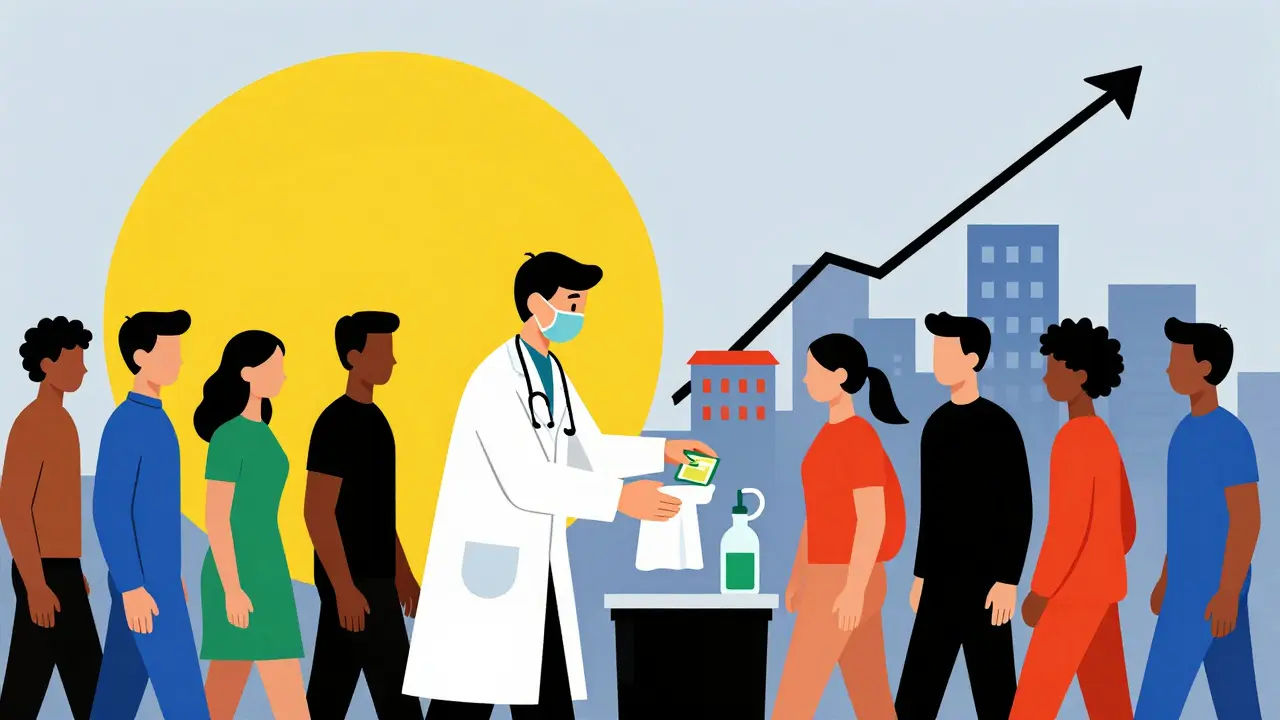 A health worker distributing cooling supplies to people under a stylized sun.