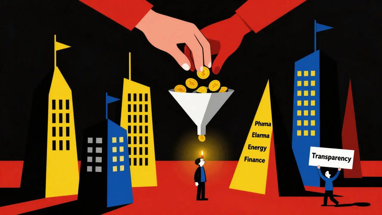 A lone citizen facing giant corporate monoliths fueled by lobbying money, rendered in De Stijl style.