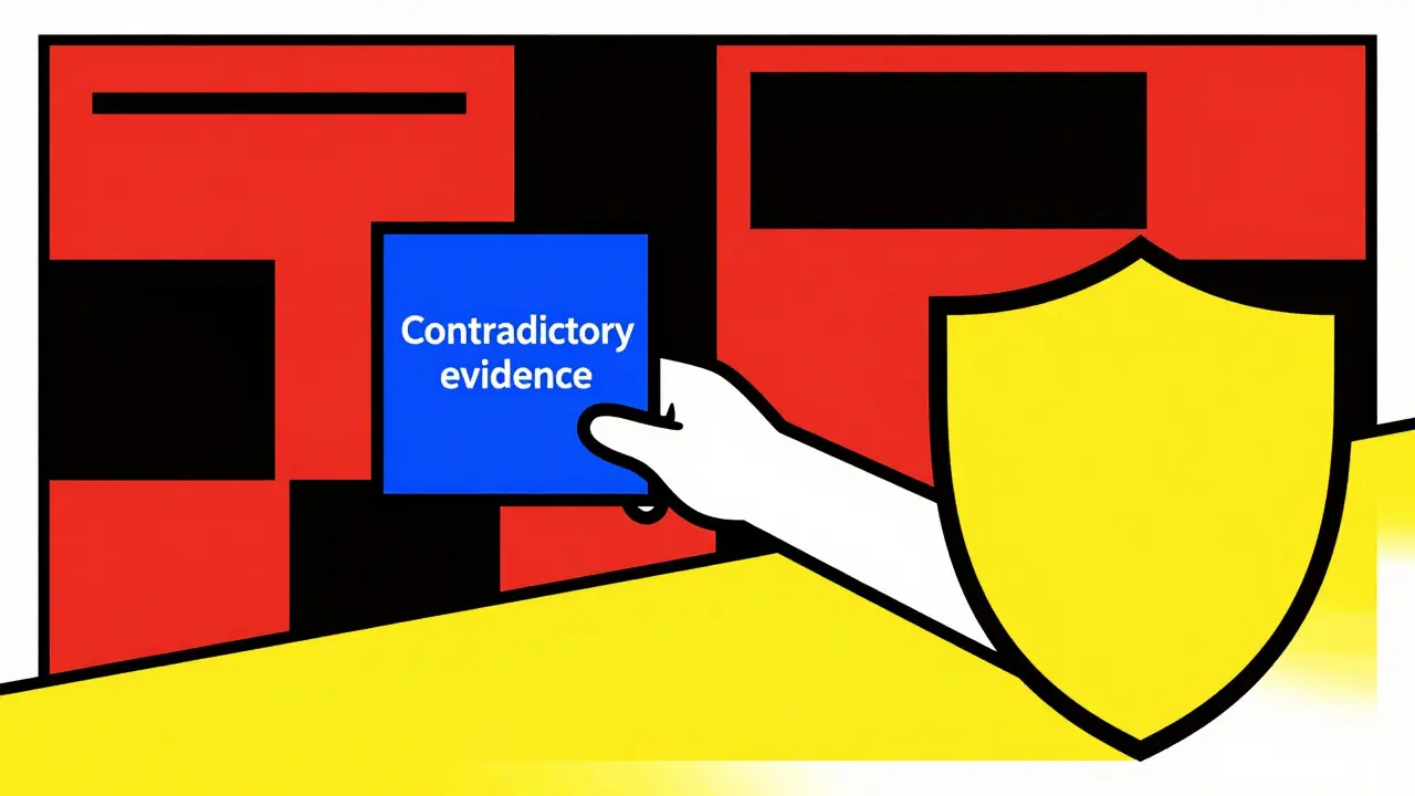 A person blocked from contradictory evidence by a yellow shield in a red and black social media feed.