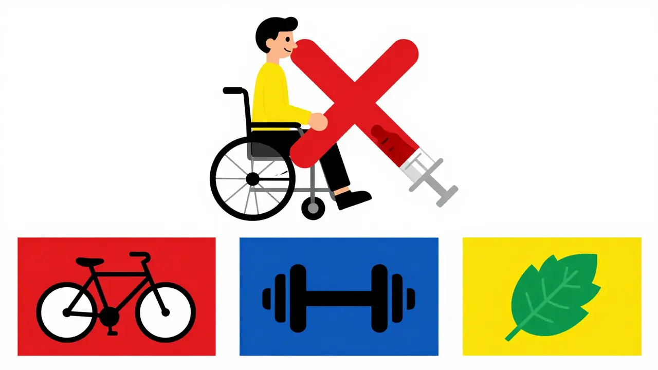 A person rejecting a syringe as icons of exercise, therapy, and diet appear below in primary-colored geometric shapes.
