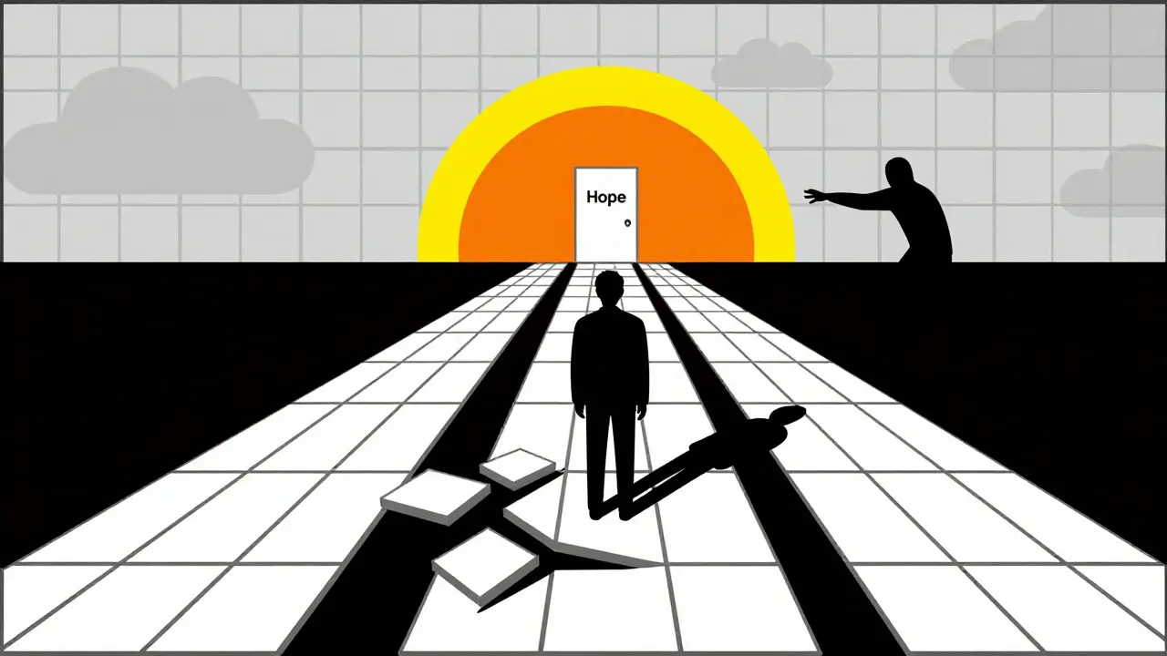 A person walking on a broken path of white tiles, with sunlight breaking through, representing hope in MS treatment.