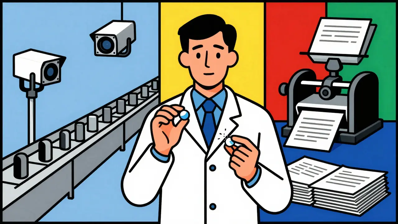 A pharmacist comparing pills, with modern and outdated manufacturing systems on either side.