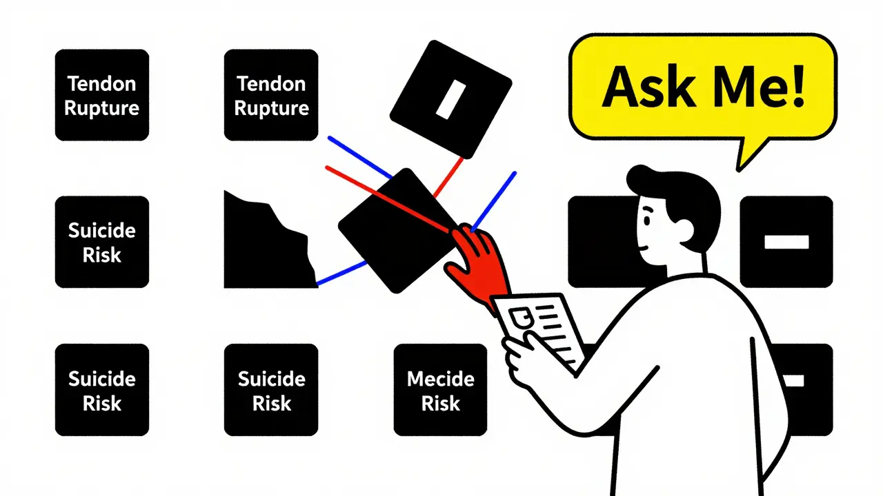 A pharmacist faces floating black warning boxes, one being removed, while a patient holds a guide with a yellow speech bubble.