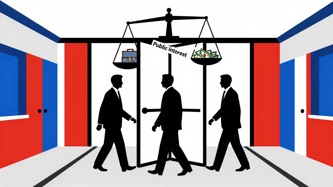 A revolving door connecting regulator, lobbyist, and corporate executive in abstract De Stijl shapes.
