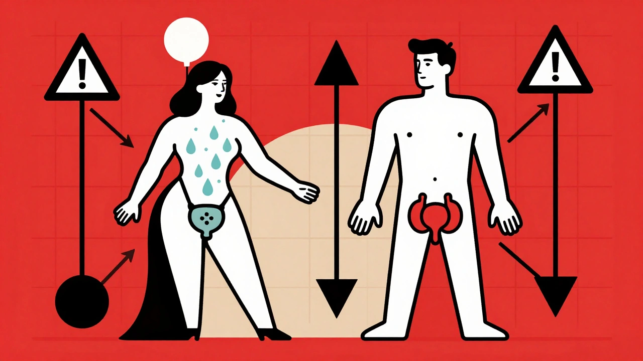 A split-body illustration showing yeast infections in men and women with warning symbols in De Stijl design