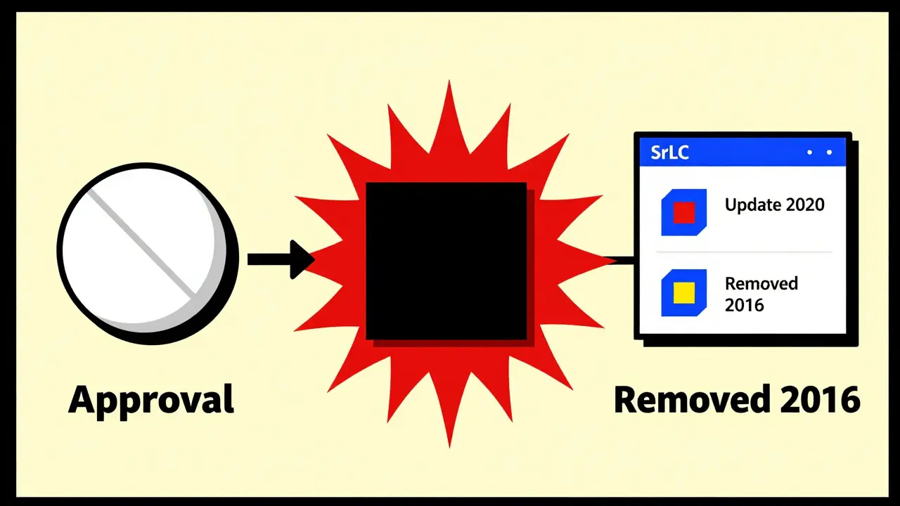 A timeline showing a drug's journey from approval to boxed warning to database update, rendered in De Stijl abstract geometry.