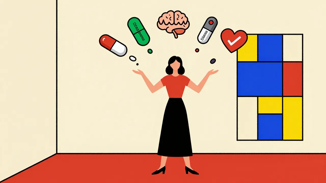 A woman releasing dangerous pills as safer alternatives rise around her in abstract geometric forms.