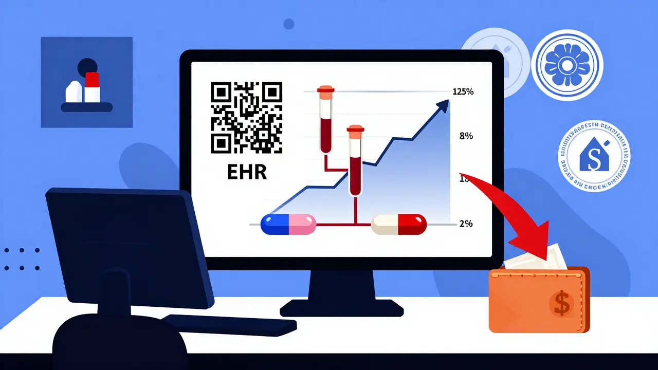 Abstract EHR screen shows bioequivalence data with QR code and FDA seal in De Stijl style.
